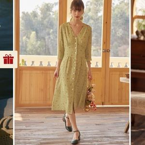 Green Floral Button-Down Simple Retro Dress NWT